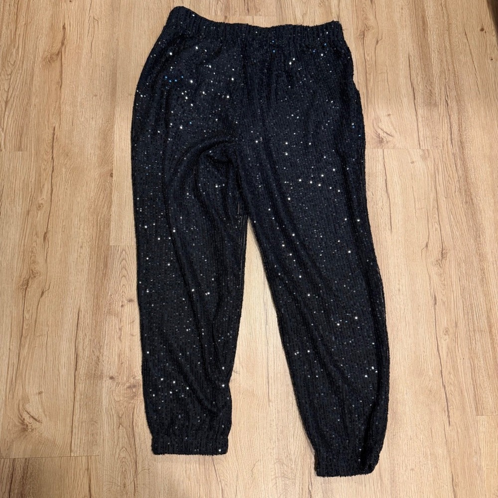 LOFT Womens Black Sequin Jogger Pants Elastic Waist Size Medium Sparkly Holiday - Picture 3 of 8